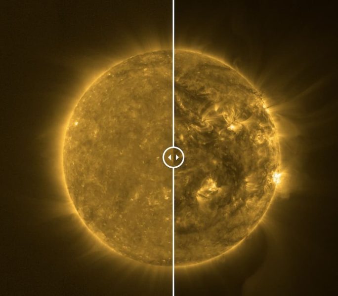Зображення Сонця з Solar Orbiter (ліворуч, лютий 2021 р., праворуч жовтень 2023 р.)
